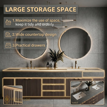 60''-96'' Double Bathroom Vanity with Sink Dark-Walnut Modern Floating Slatted Open