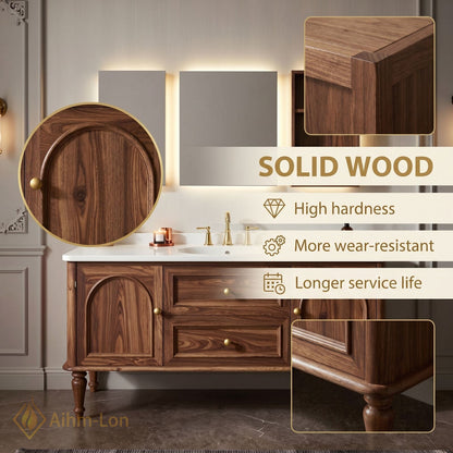 36''-64'' Single Bathroom Vanity with Sink Arched Door Panels Walnut Wood-Grain Finish