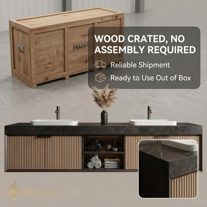 60''-96'' Double Bathroom Vanity with Sink Dark Modern Floating Stone Countertop Slatted