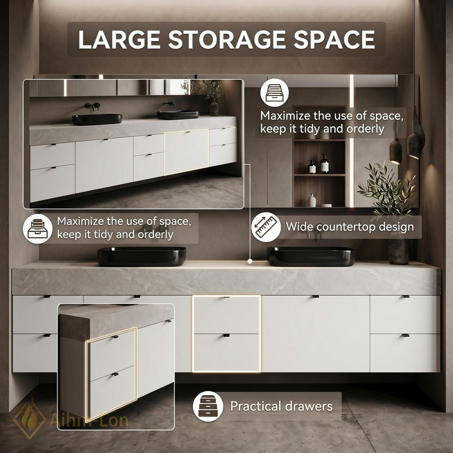 72''-96'' Double Bathroom Vanity with Sink White Modern Floating Stone-Top Drawers