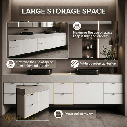 72''-96'' Double Bathroom Vanity with Sink White Modern Floating Stone-Top Drawers