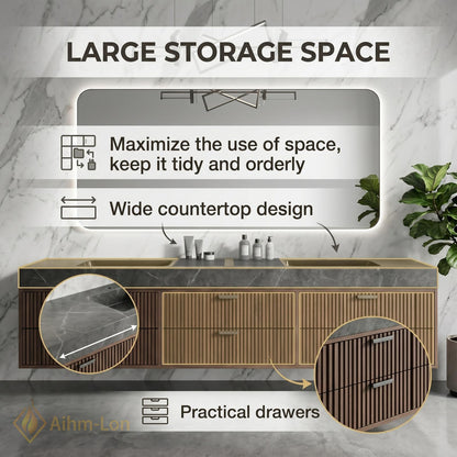 60''-96'' Double Bathroom Vanity with Sink Dark Grey Floating Stone-Top Slatted