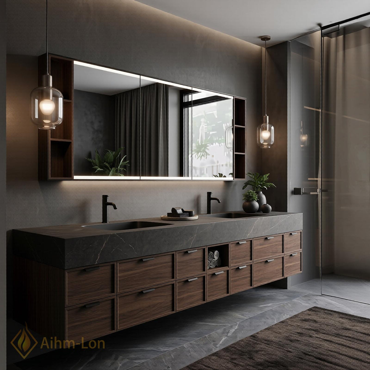 60''-96'' Double Bathroom Vanity with Sink Wall-Mounted Wood Grain Texture Deep Drawer