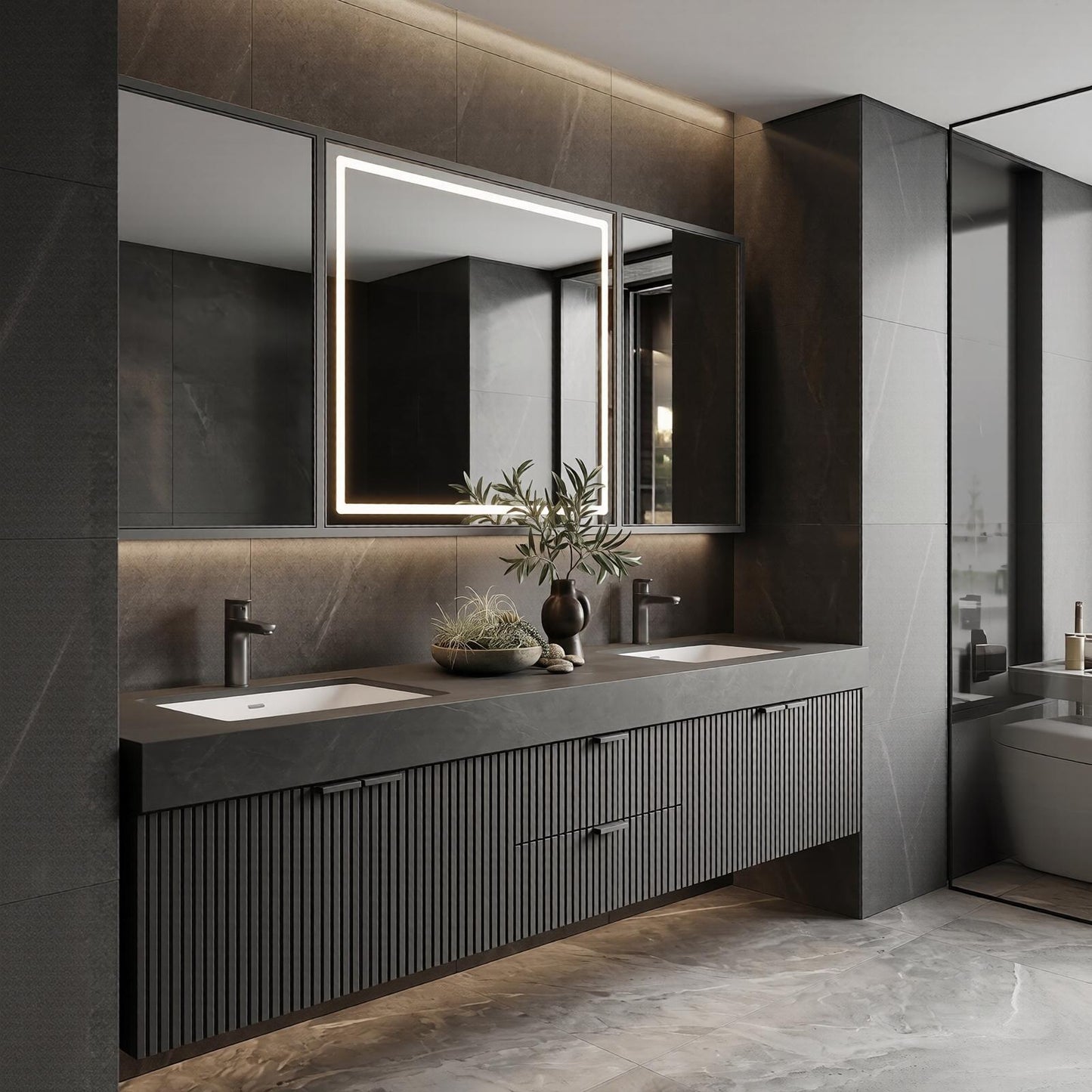 60''-96'' Double Bathroom Vanity with Sink Ribbed Front Doors Matte Dark Cabinet