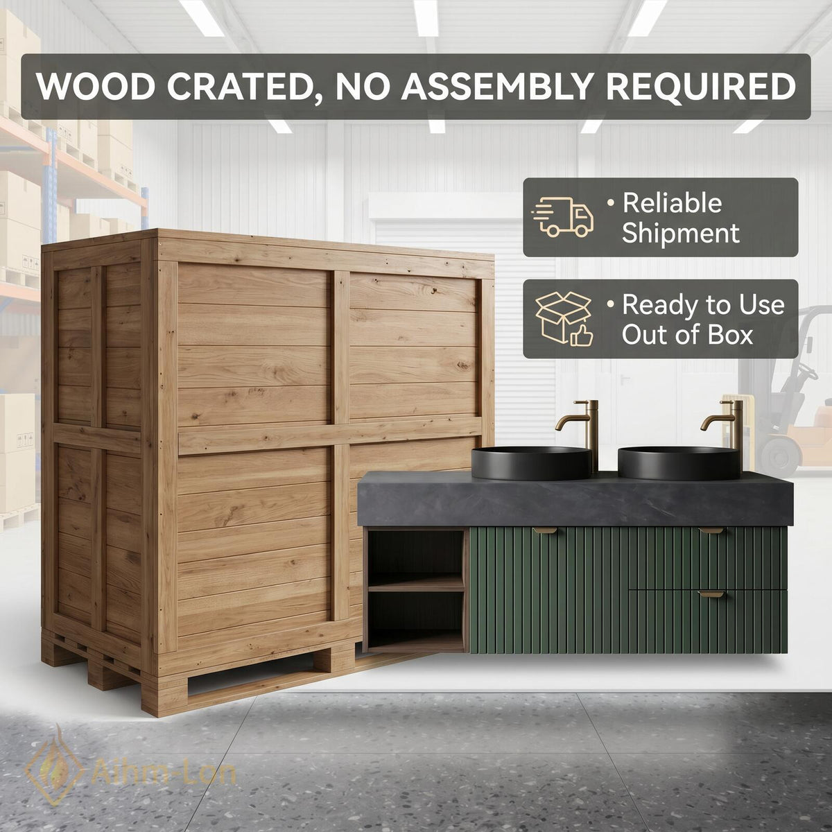 60''-96'' Double Bathroom Vanity with Sink Slatted Panel Doors Forest Green Cabinet