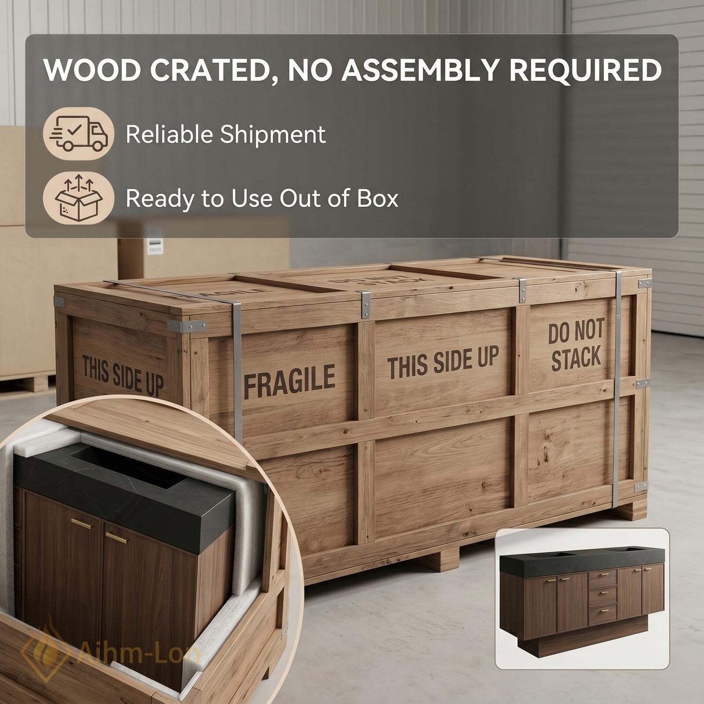 60''-96'' Contemporary Double Bathroom Vanity with Sink Dark Stone Rich Wood Grain