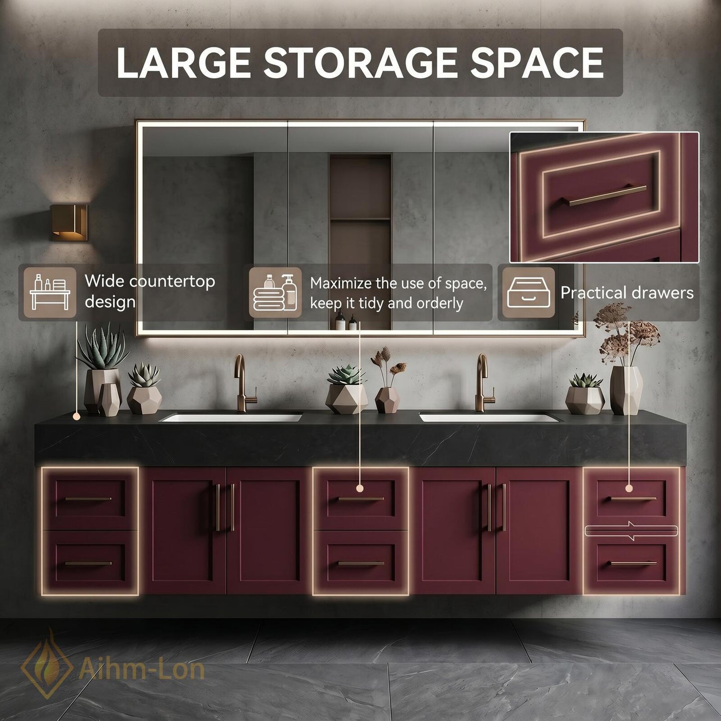 72''-96'' Double Bathroom Vanity with Sink Black Modern Floating Stone-Top Open