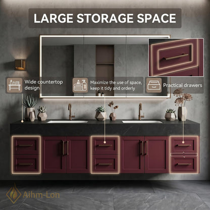 72''-96'' Double Bathroom Vanity with Sink Black Modern Floating Stone-Top Open
