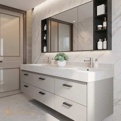 60''-96'' Modern Bathroom Vanity with Sink Thick Marble Floating Drawers Mirror Cabinet