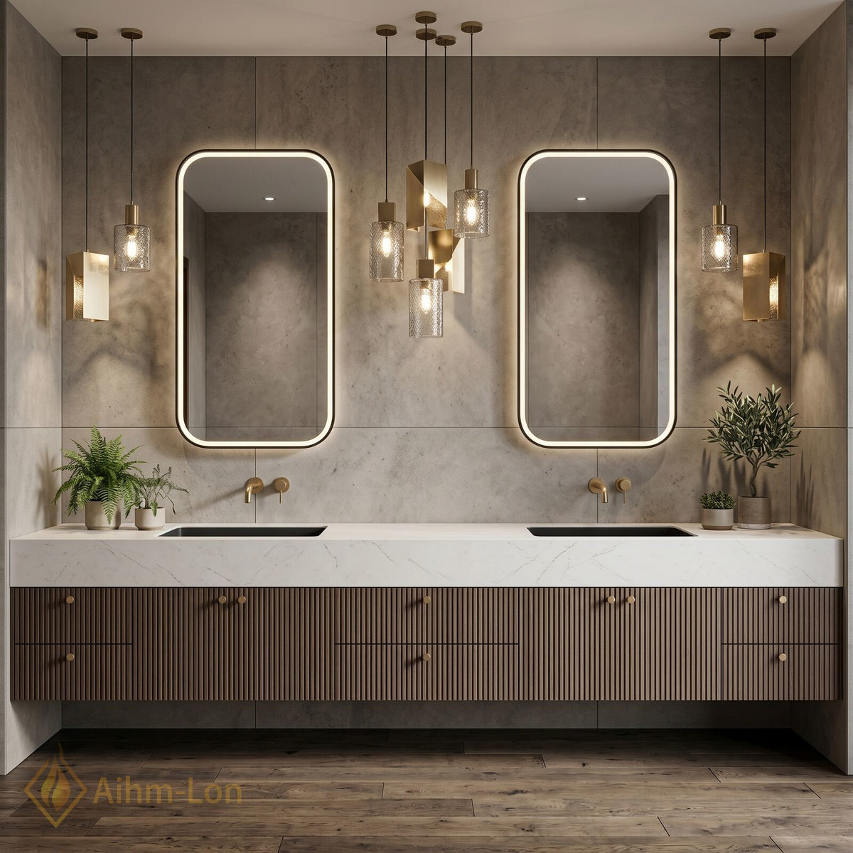 76''-96'' Double Bathroom Vanity with Sink Dark Walnut Slatted Front Basin Setup