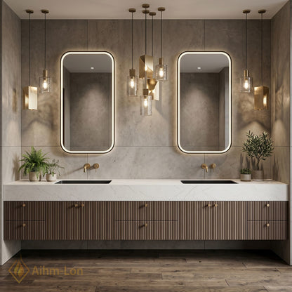 76''-96'' Double Bathroom Vanity with Sink Dark Walnut Slatted Front Basin Setup