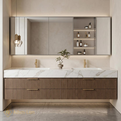 60''-96'' Double Bathroom Vanity with Sink Modern Floating Slatted Front Dark Walnut
