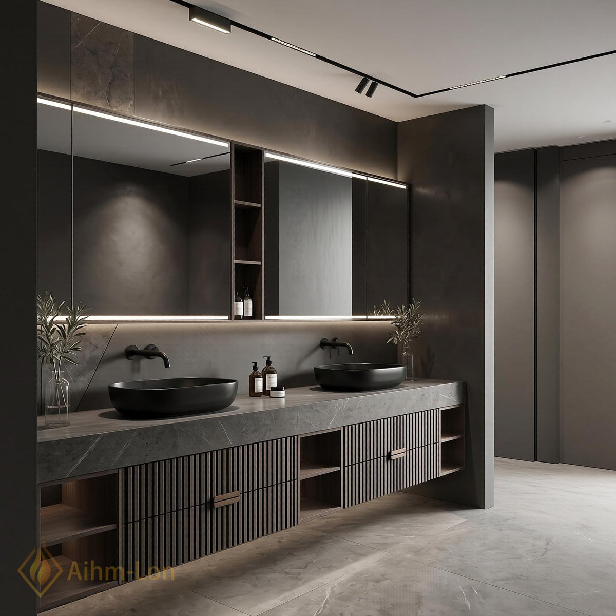 60''-96'' Double Bathroom Vanity with Sink Dark Stone Slatted Front Wide Shelving