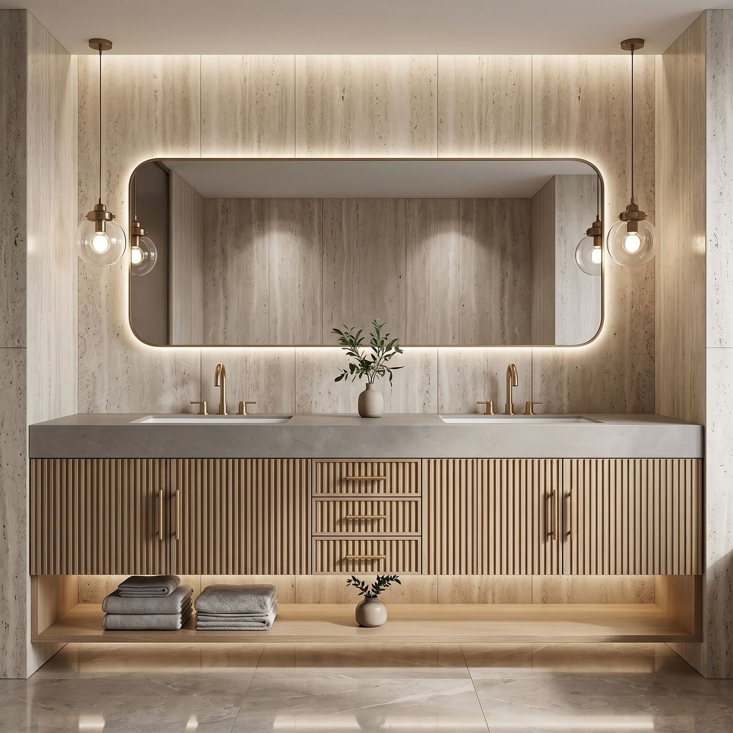 60''-96'' Modern Bathroom Vanity with Sink Double Sink Vertical Fluted Warm Wood-Grain Cabinet