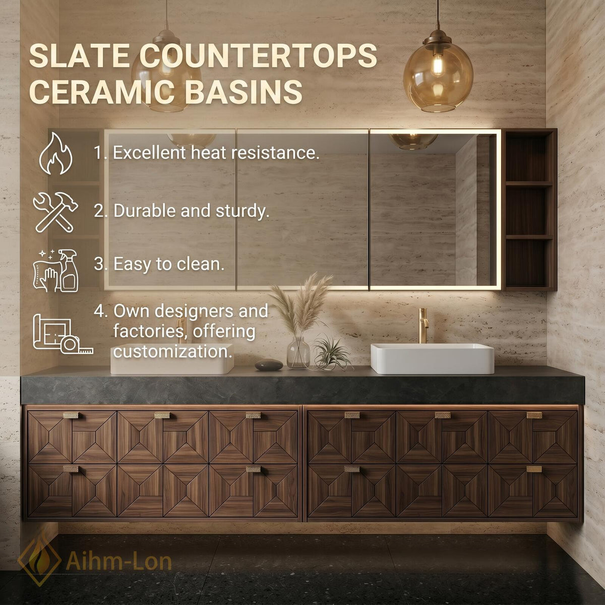 60''-96'' Double Bathroom Vanity with Sink Modern Floating Geometric Walnut Doors Side
