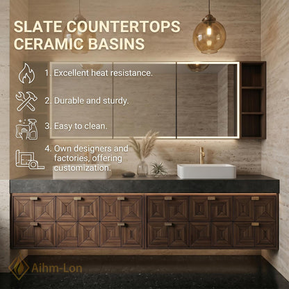 60''-96'' Double Bathroom Vanity with Sink Modern Floating Geometric Walnut Doors Side