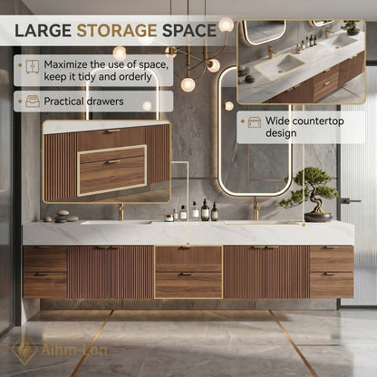 76''-96'' Double Bathroom Vanity with Sink White-Marble White Floating Slatted Pattern Top