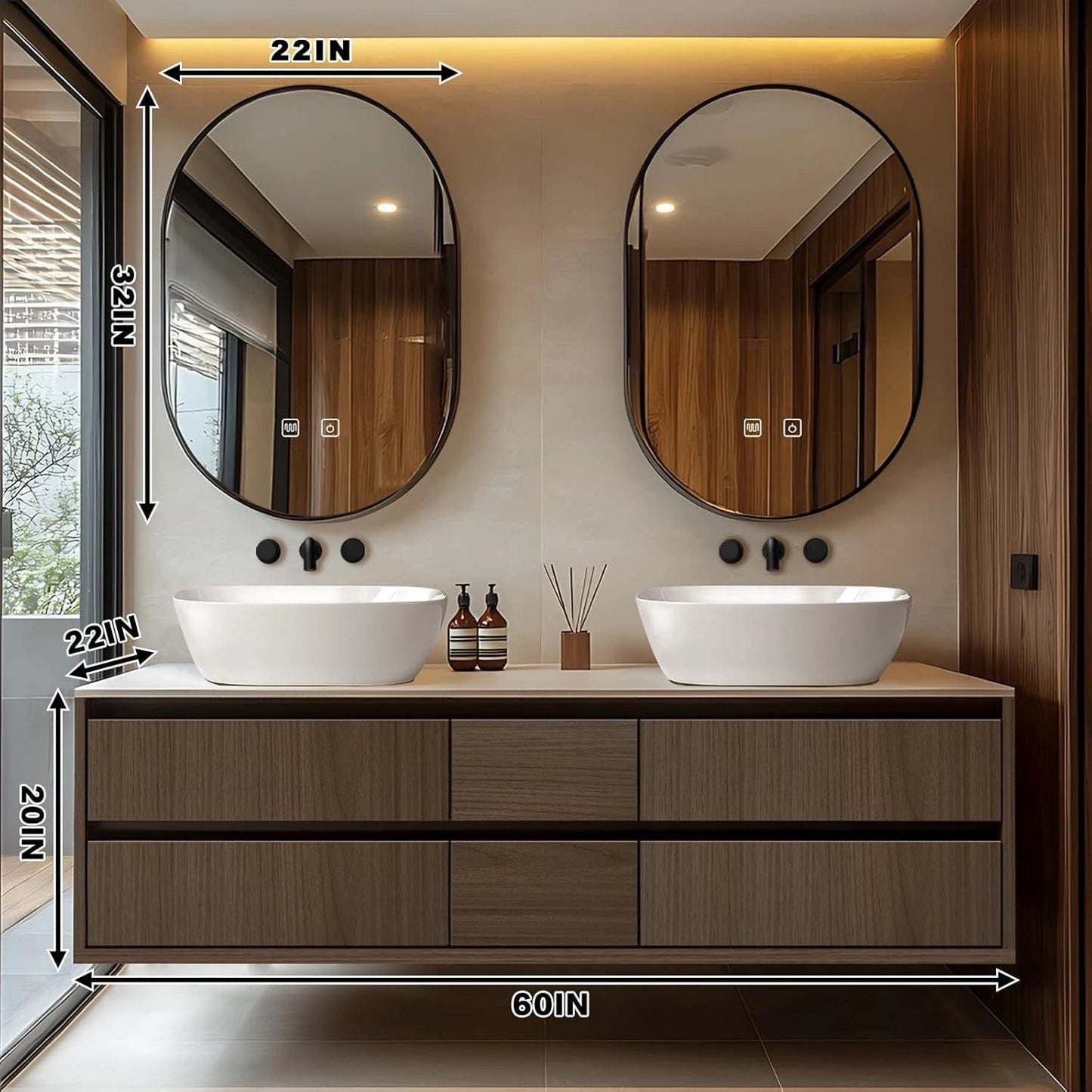 60"-96" Floating Bathroom Vanity with Double Sinks Includes Multiple Wood Grain Drawers