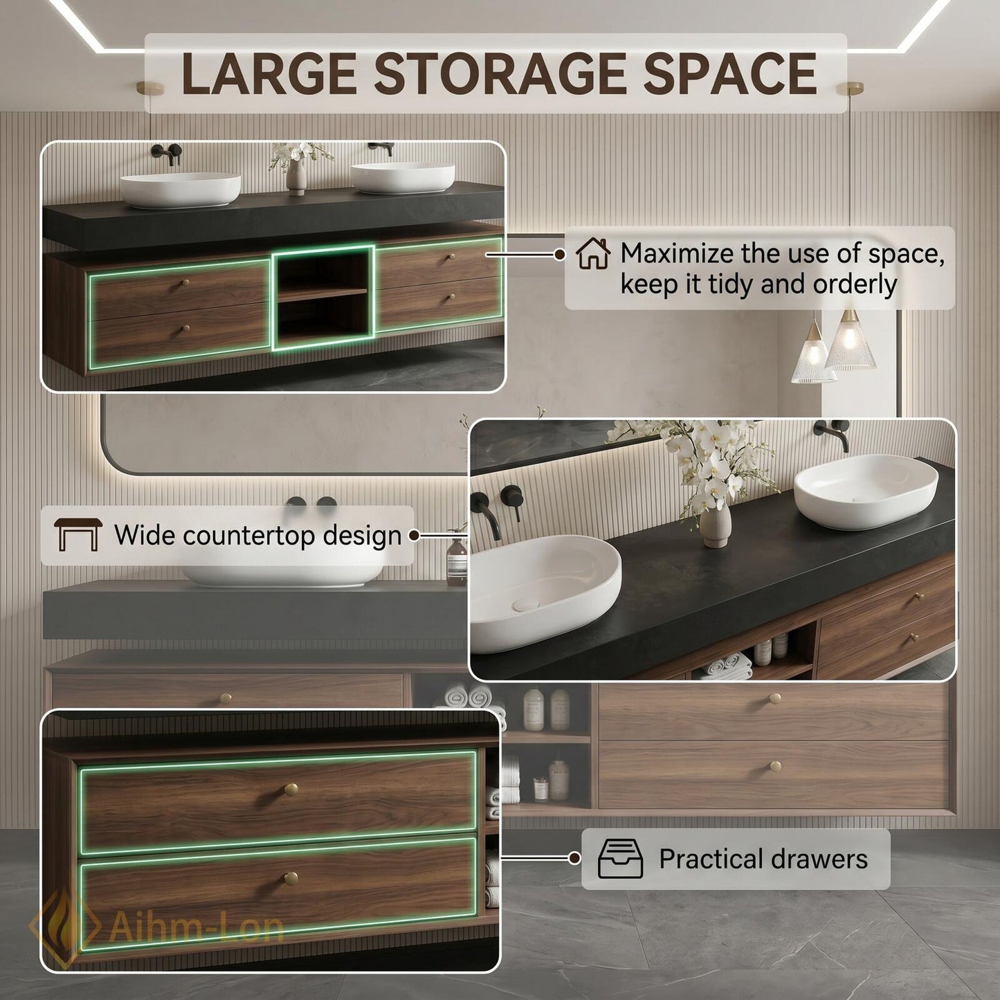 60''-96'' Double Bathroom Vanity with Sink Dark-Walnut Walnut Floating Modern Slatted Open-Shelving
