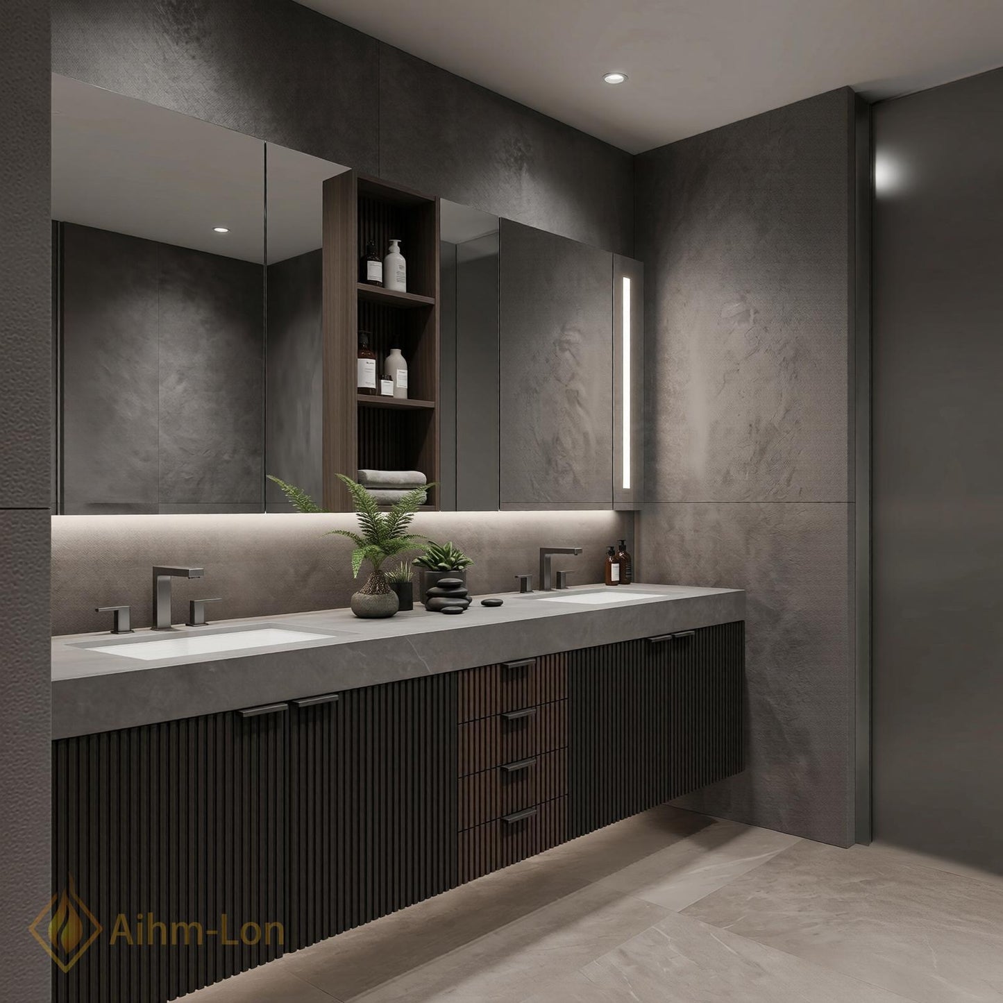 70''-96'' Double Bathroom Vanity with Sink Vertical Slatted Panels Central Drawer Storage