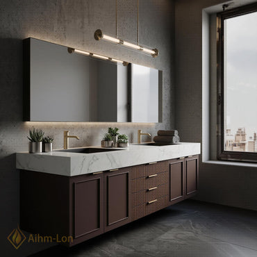 76''-96'' Modern Double Bathroom Vanity with Sink Dark Walnut Slatted Center Panel