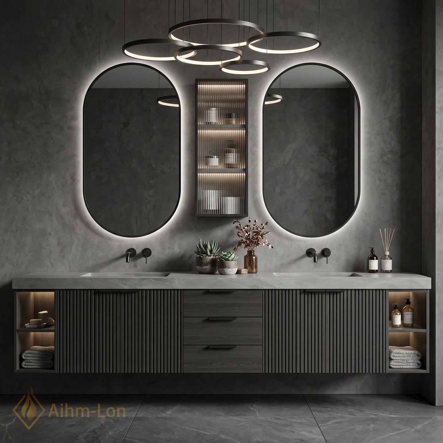 76''-96'' Double Bathroom Vanity with Sink Grey Modern Stone-Top Fluted Dark Panel