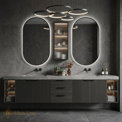76''-96'' Double Bathroom Vanity with Sink Grey Modern Stone-Top Fluted Dark Panel