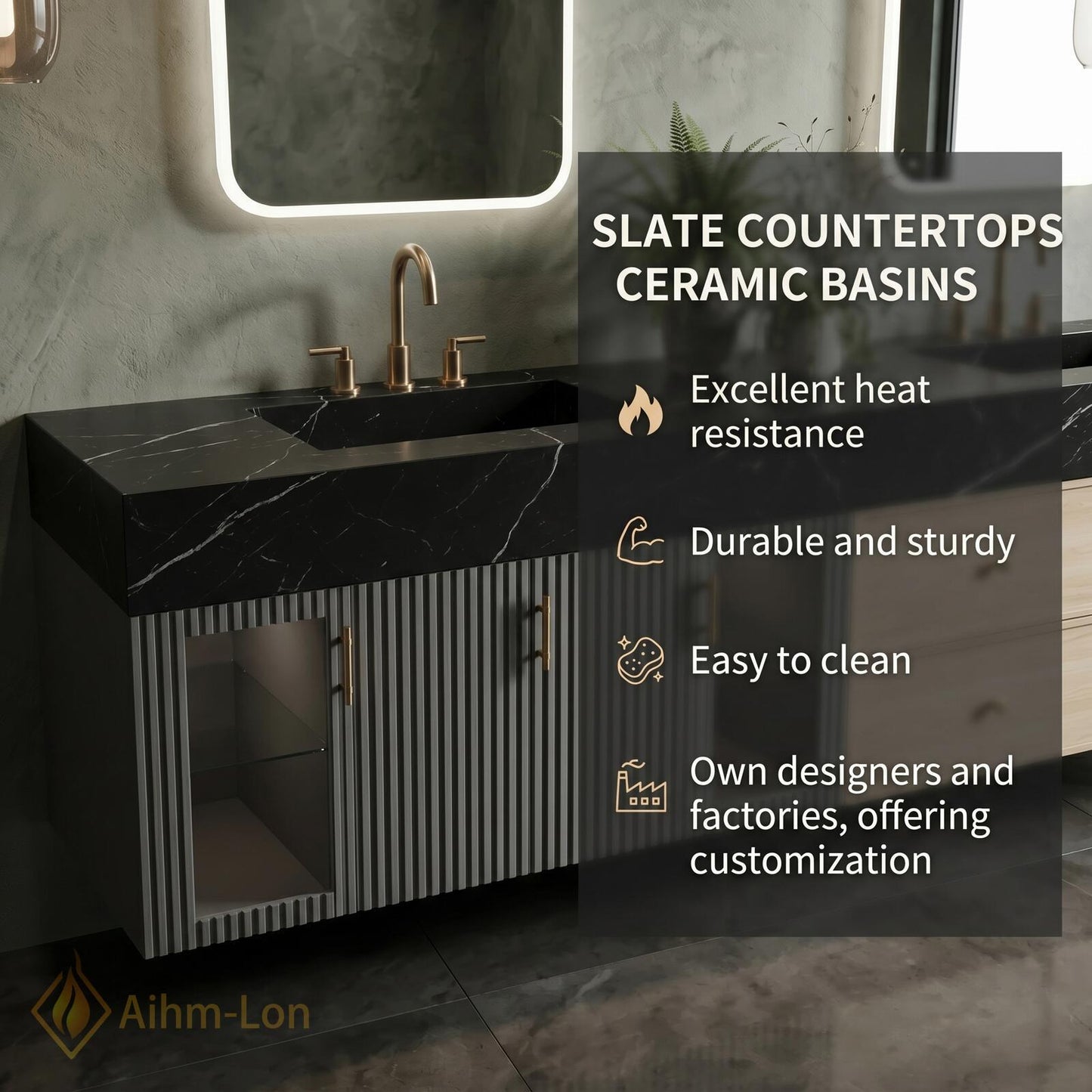 76''-96'' Double Bathroom Vanity with Sink Black Modern Floating Marble-Top Glass