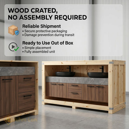 60''-96'' Double Bathroom Vanity with Sink Floating Dark Walnut Finish Mirror Cabinet