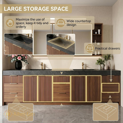 78''-96'' Double Bathroom Vanity with Sink Modern Floating Dark Walnut Slatted Panels