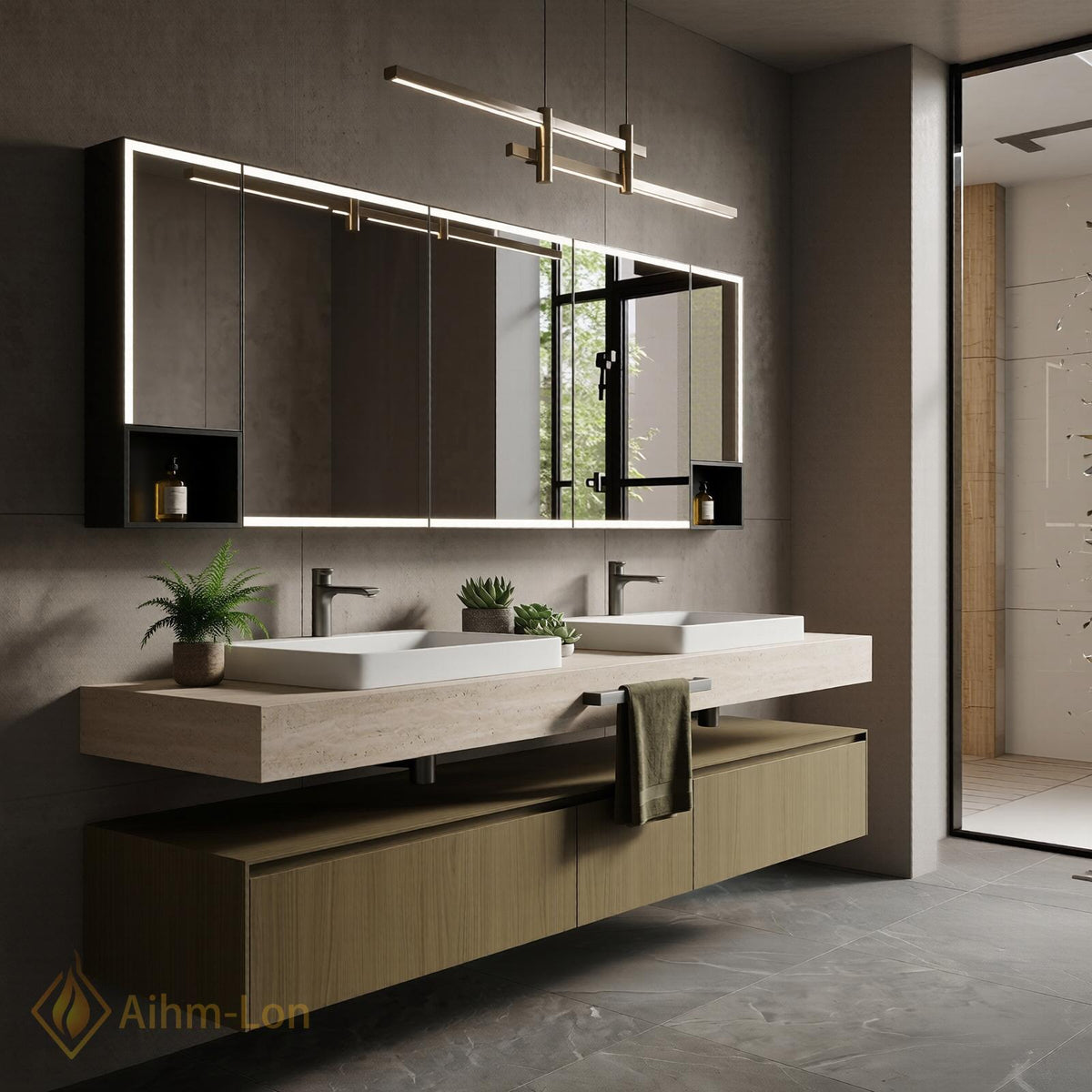 60''-96'' Double Bathroom Vanity with Sink Stone Top Wood Base Open Shelving