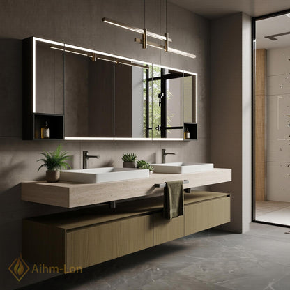 60''-96'' Double Bathroom Vanity with Sink Stone Top Wood Base Open Shelving
