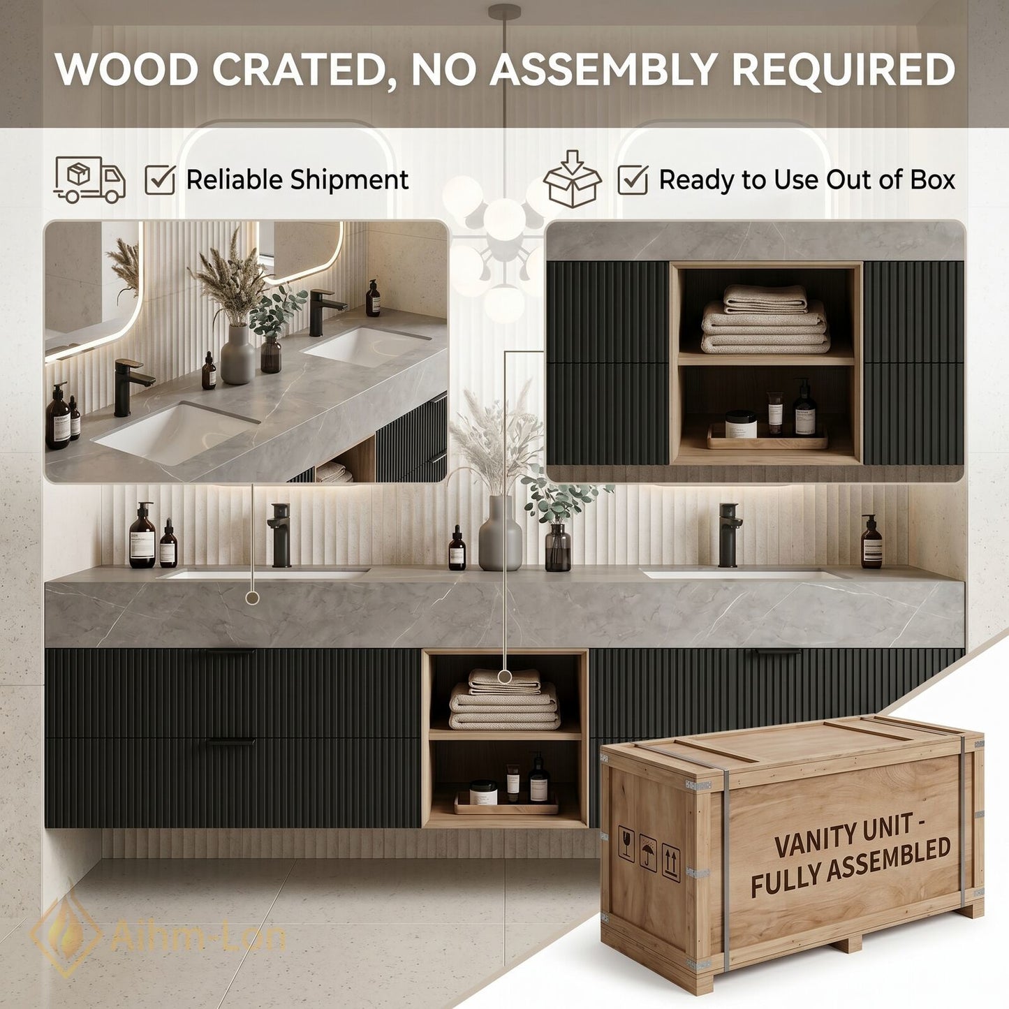 60''-96'' Double Bathroom Vanity with Sink Stone-Top Ribbed Dark Panels Smooth Open