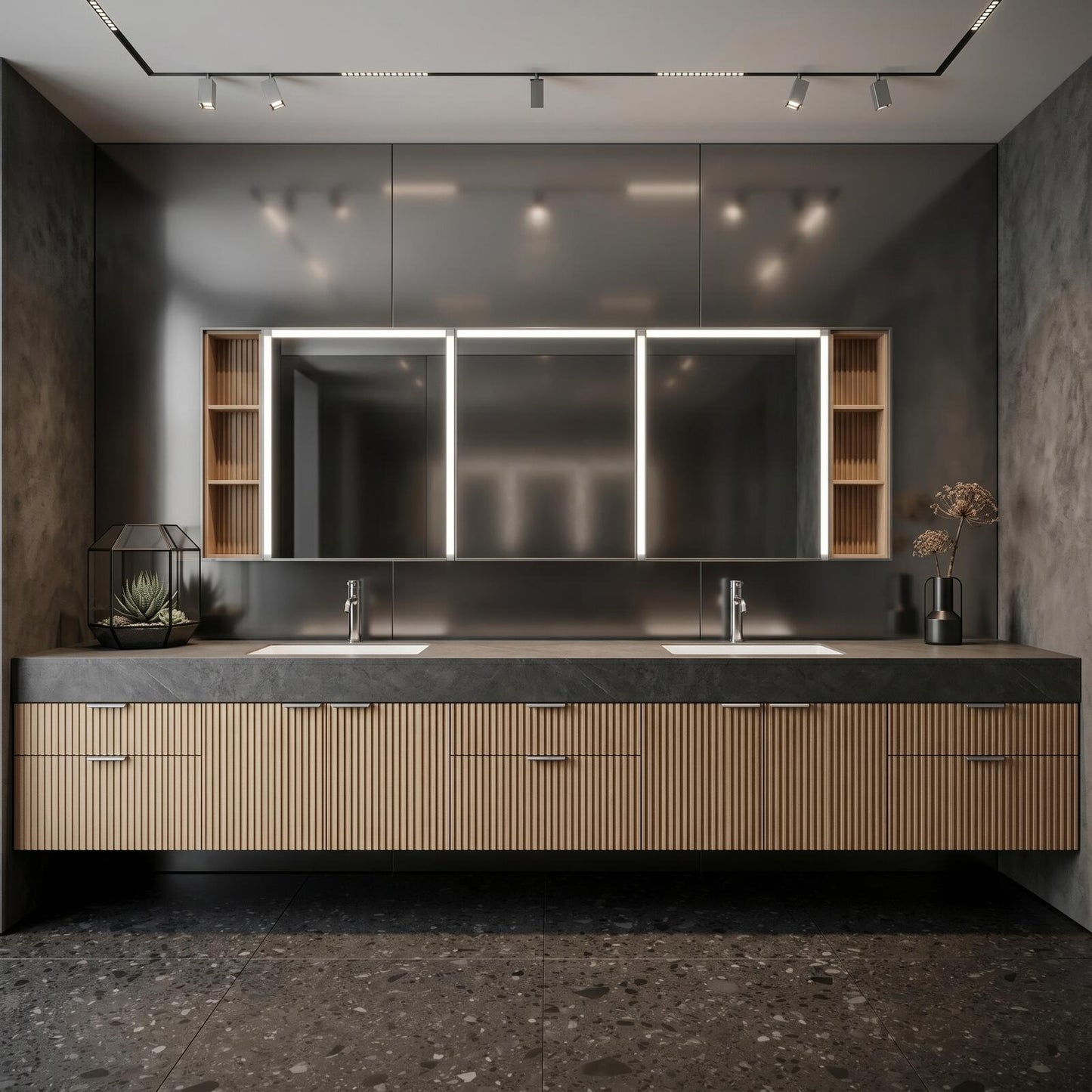 76''-96'' Modern Bathroom Vanity with Sink Double Sink Ribbed Wood Dark Stone Countertop Cabinet