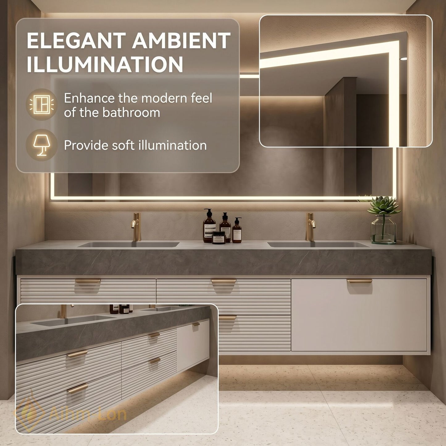 60''-96'' Double Bathroom Vanity with Sink Grey Modern Stone Texture Top Ribbed