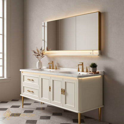 60''-96'' Elegant Bathroom Vanity with Sink Double Sink Marble-Like Top Panel Mirror