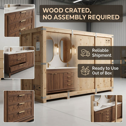70''-96'' Modern Bathroom Vanity with Sink Floating Dark Wood Grain Fish Scale Drawers