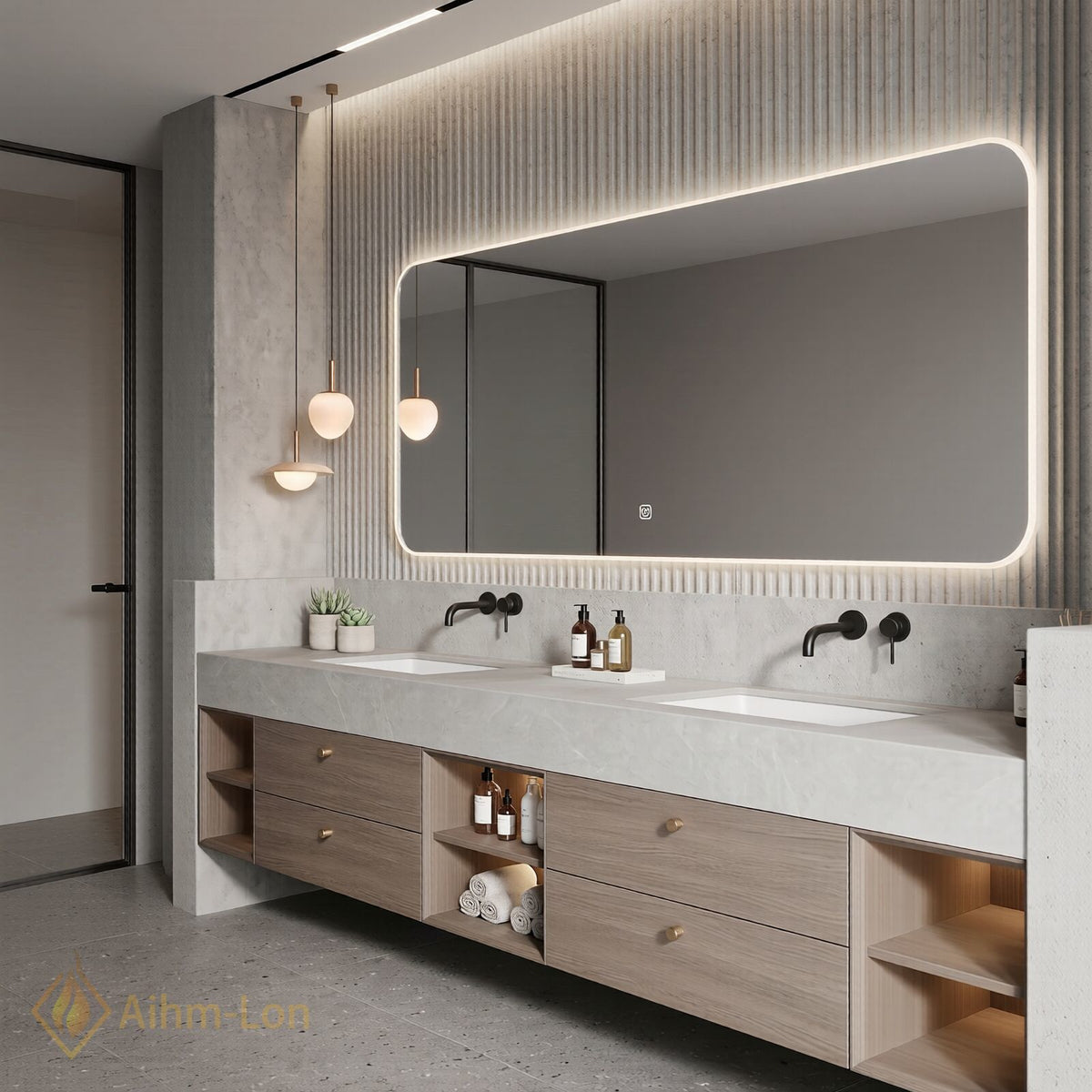 76''-96'' Double Bathroom Vanity with Sink Light Gray Stone Veneer Drawers Storage