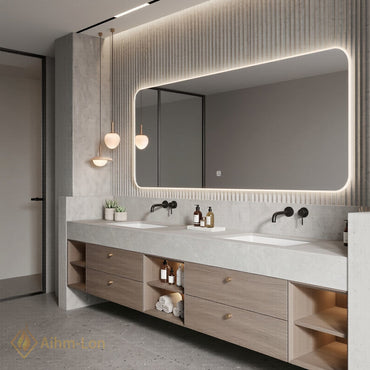 76''-96'' Double Bathroom Vanity with Sink Light Gray Stone Veneer Drawers Storage