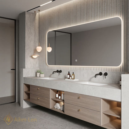 76''-96'' Double Bathroom Vanity with Sink Light Gray Stone Veneer Drawers Storage