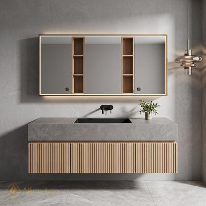 36''-110'' Double Bathroom Vanity with Sink Floating Slatted Front Grey Stone Top