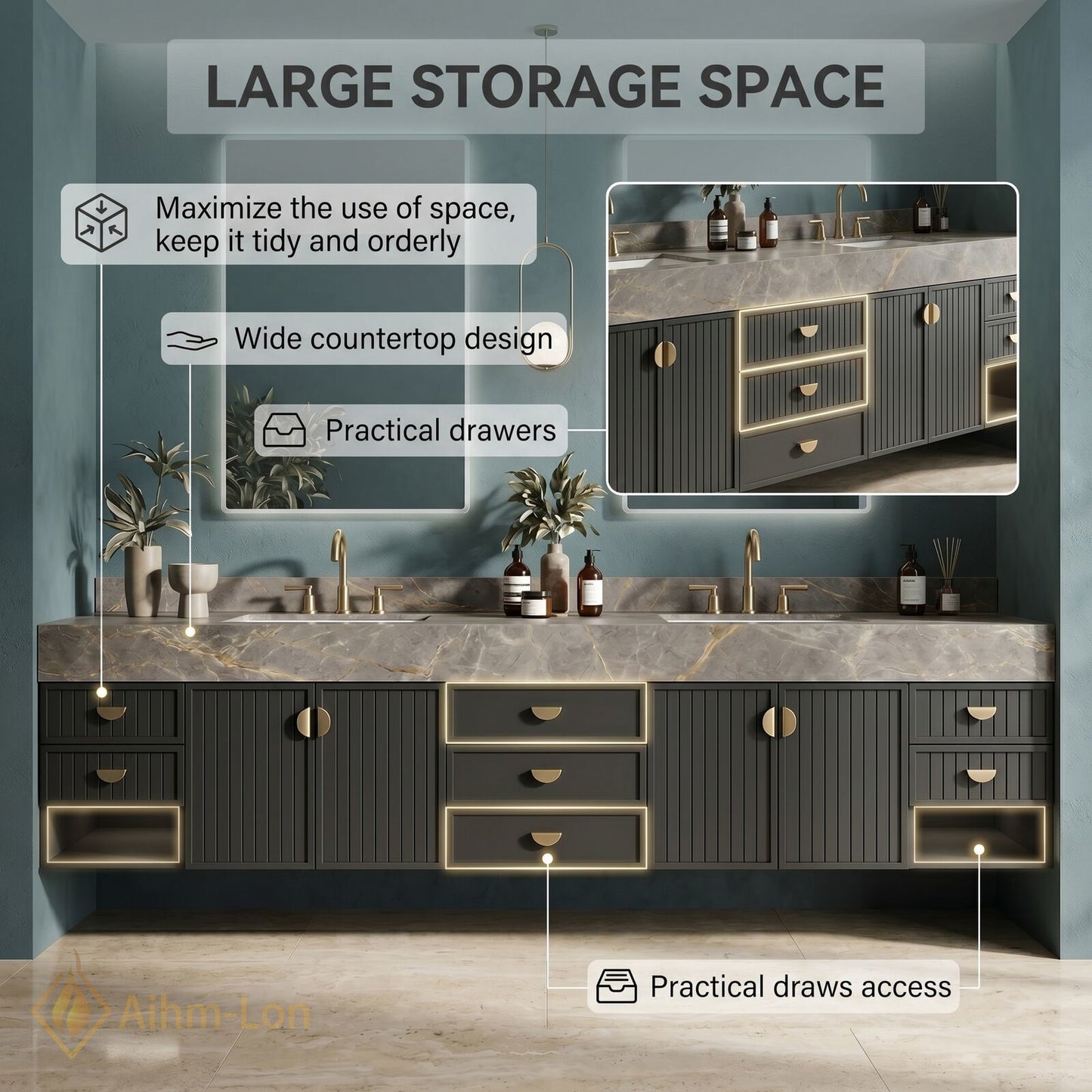 76''-96'' Double Bathroom Vanity with Sink Modern Solid-Wood Wood-Grain Marble-look Stone-Top Drawer-Storage