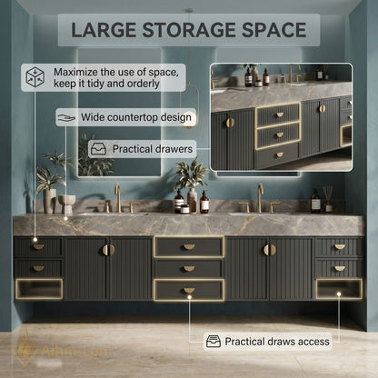 76''-96'' Double Bathroom Vanity with Sink Modern Solid-Wood Wood-Grain Marble-look Stone-Top Drawer-Storage
