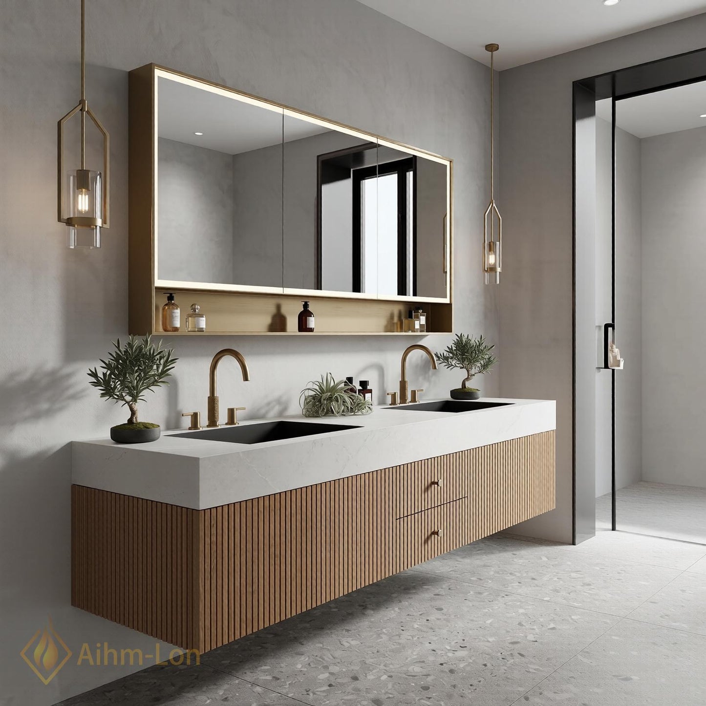 60''-96'' Double Bathroom Vanity with Sink Natural-Wood White Modern Floating Top