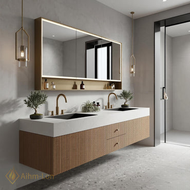 60''-96'' Double Bathroom Vanity with Sink Natural-Wood White Modern Floating Top