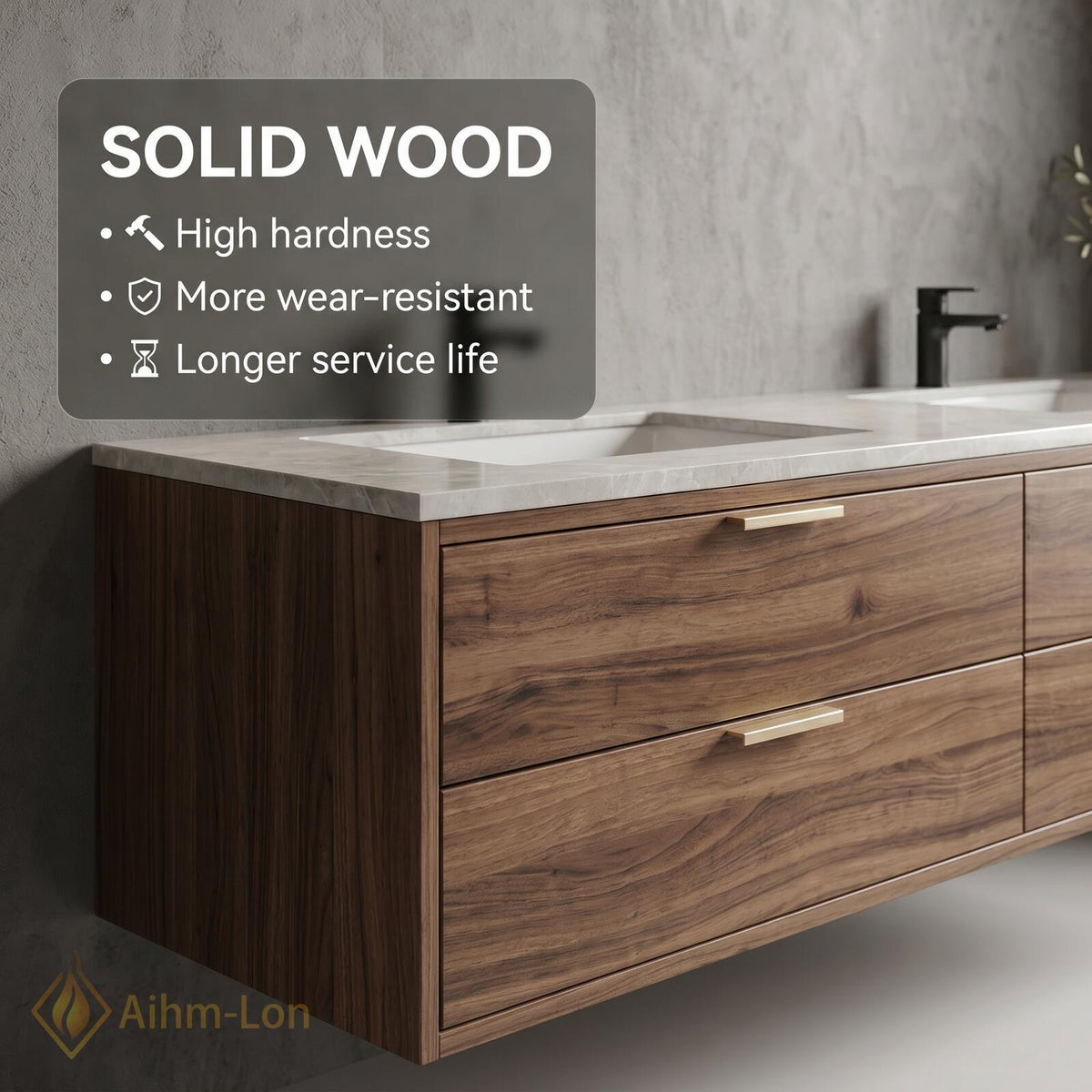 60''-96'' Double Bathroom Vanity with Sink Dark Walnut Finish Slatted Open Shelving