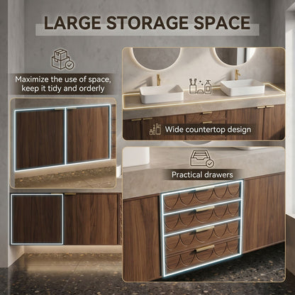 70''-96'' Modern Bathroom Vanity with Sink Floating Dark Wood Grain Fish Scale Drawers
