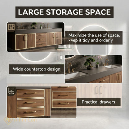 60''-96'' Double Bathroom Vanity with Sink Floating Stone-Top Dark Wood Unit Spacious