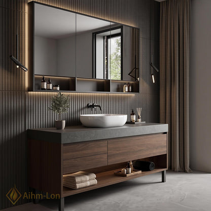 36''-110'' Double Bathroom Vanity with Sink Floating Walnut Drawers Open Shelf