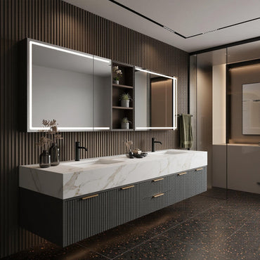 60''-96'' Modern Bathroom Vanity with Sink Double Sink Dark Walnut Slatted Center Panel Cabinet